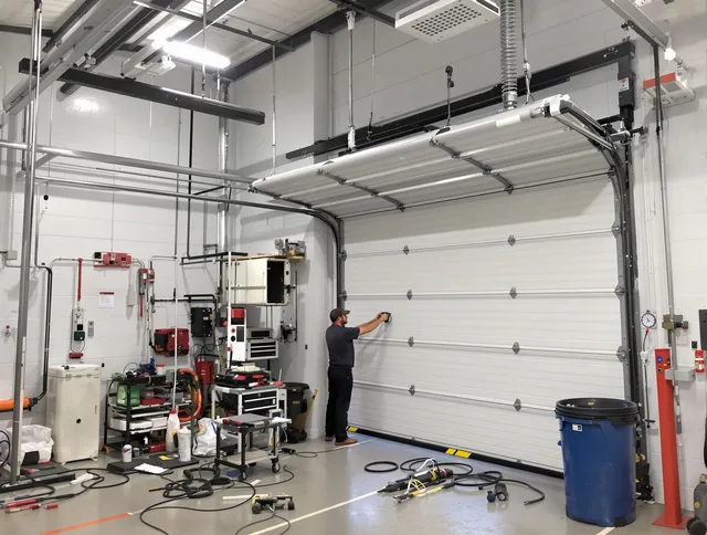 Reynoldsburg Garage Door Repair certified technician performing commercial door repair at a Reynoldsburg business facility