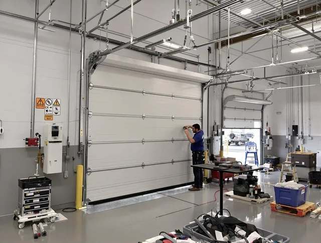 Commercial garage door repair being performed by Reynoldsburg Garage Door Repair expert in Reynoldsburg