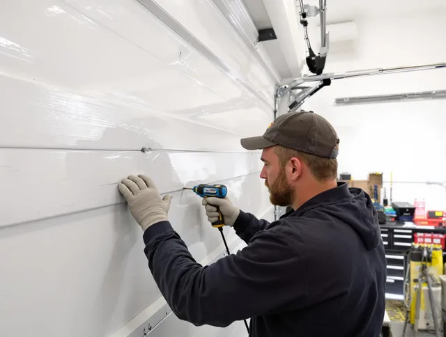 Reynoldsburg Garage Door Repair technician demonstrating precision dent removal techniques on a Reynoldsburg garage door