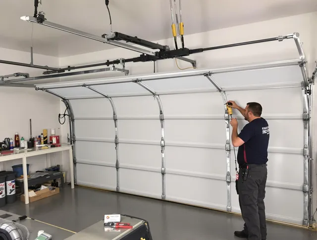 Reynoldsburg Garage Door Repair certified technician performing overhead door system repair in Reynoldsburg