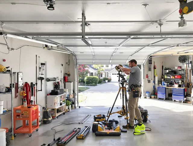 Reynoldsburg Garage Door Repair specialist performing laser-guided track alignment in Reynoldsburg